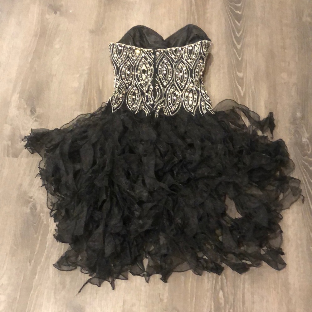 Jovani Black Strapless Beaded Bodice Ruffled Black Skirt Prom Dress - Picture 2 of 4